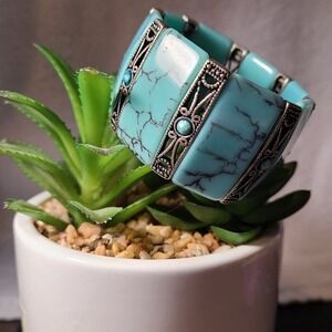 Turquoise Stone‎ Stretch Bracelet Silver Tone Boho Chic Fashion Jewelry